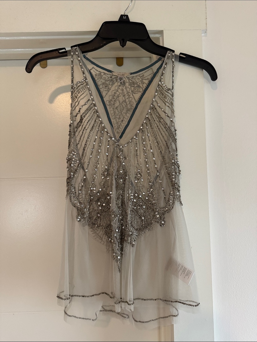 Ecote Beaded V-Neck Sheer Tank Top in gray & Silver